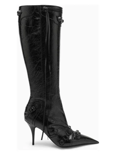 Balenciaga Cagole White Pointed High-boots With Studs And Buckles In Leather Woman In Black