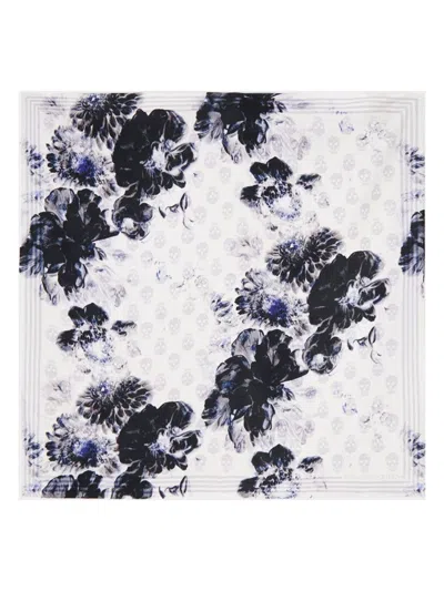 Alexander Mcqueen Silk Foulard With Chiaroscuro Floral Motif In White
