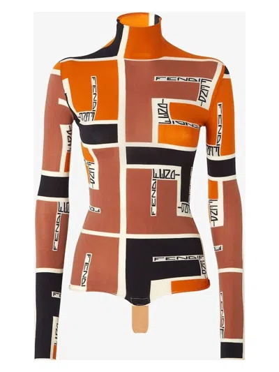 Fendi Turtleneck Stretch Fabric Top With Monogram Motif In Orange