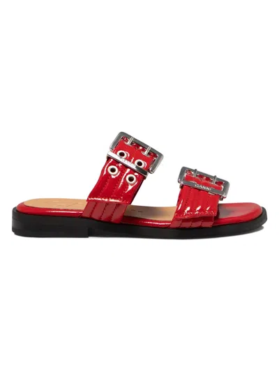 Ganni Buckle-fastening Patent-finish Slides In Red