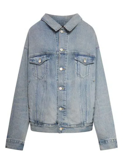 Balenciaga Off Shoulder Light Blue Denim Jacket In Blue