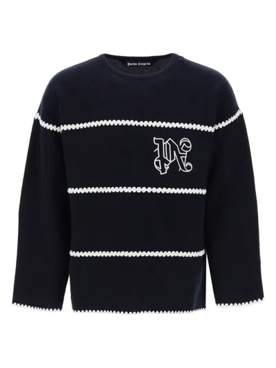 Palm Angels Navy And White Knit Sweater With Paint Monogram Stripes In Blue