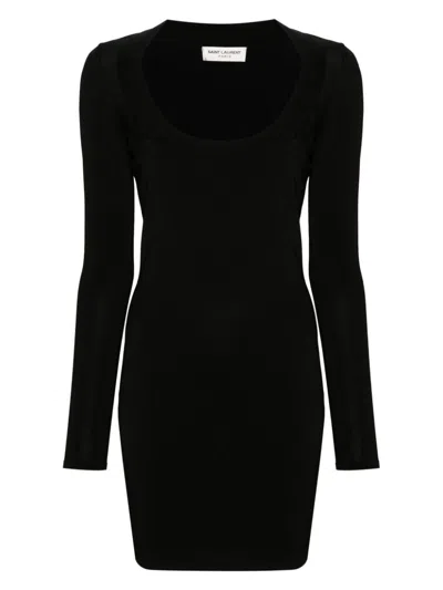 Saint Laurent Plunging Round Neck Long-sleeved Dress In Black