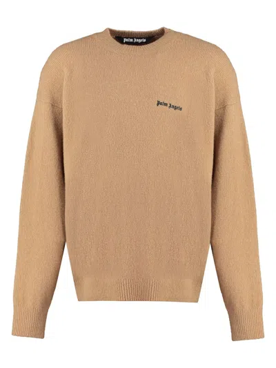 Palm Angels Logo Embroidered Crewneck Sweatshirt In Camel