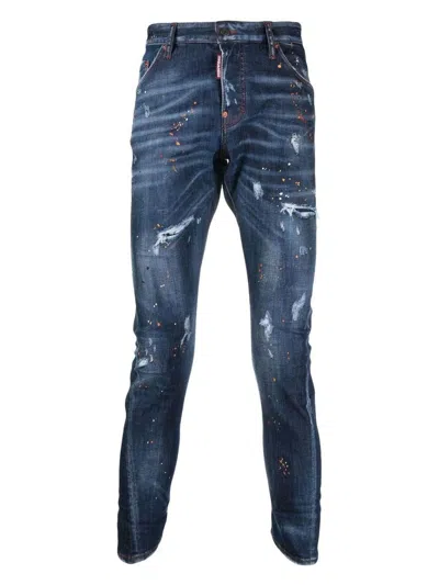 Dsquared2 Distressed Crotch Denims With Paint Splatter Motif 16cm In Jeans