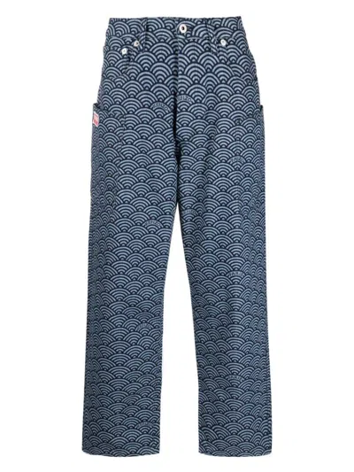 Kenzo Monkey Workwear Jeans With Seigaiha Print In Rinsbludnm
