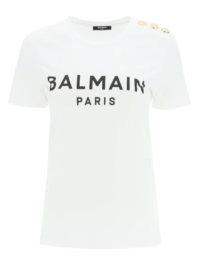 Balmain White Crewneck T-shirt With Logo Print And Golden Buttons In Jersey Woman In White