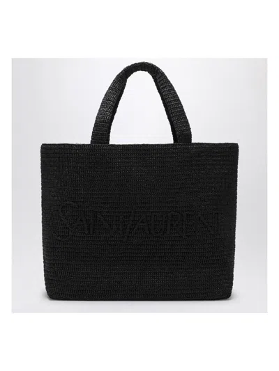 Saint Laurent Black Raffia Tote Bag With Logo In Black
