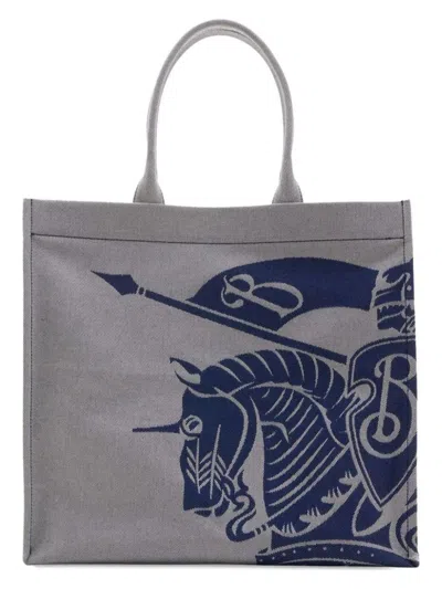 Burberry Beige And Blue Tote Bag With Equestrian Knight Embroidery In Cotton Blend Man In Knight