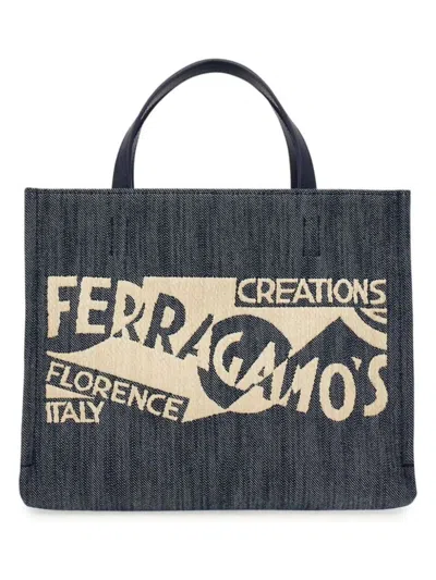 Ferragamo Blue Denim Large Tt Sign Shopping Bag In Blue