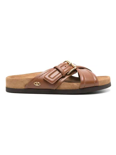 Valentino Vlogo-plaque Leather Slides In Tobacosiga