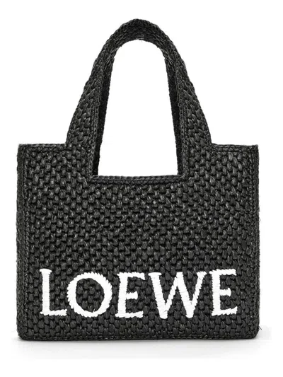 Loewe Logo Medium Tote Bag In Raffia In Black