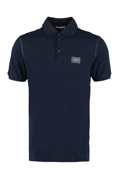 Dolce & Gabbana Cotton Polo Shirt With Buttoned Collar And Ribbed Accents In Blue