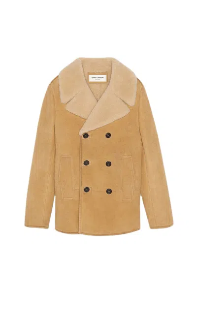 Saint Laurent Men's Double Breasted Shearling Coat In 9700
