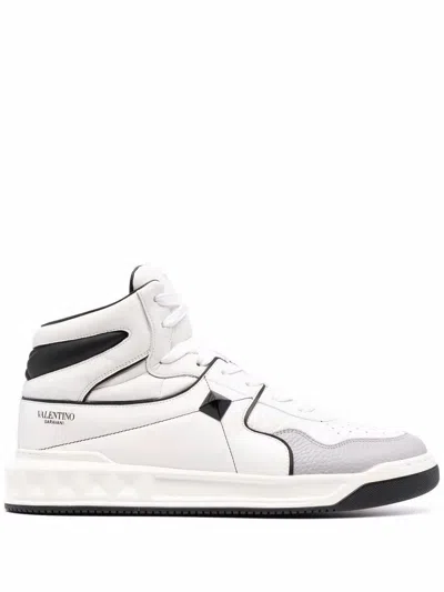 Valentino Rockstud Printed Faux Leather High-top Sneakers In Bianco,nero,pastel Grey