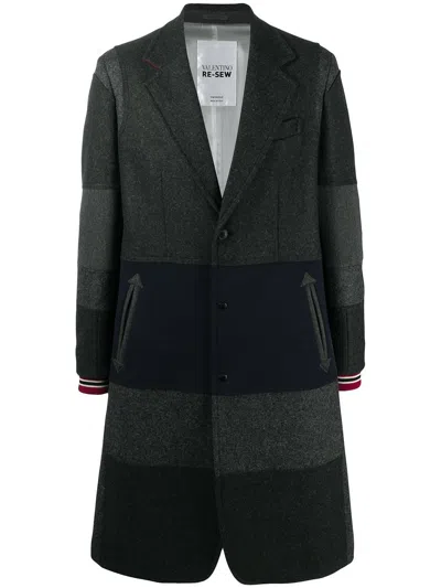 Valentino Single-breasted Patchwork Wool-blend Coat In Grey,navy