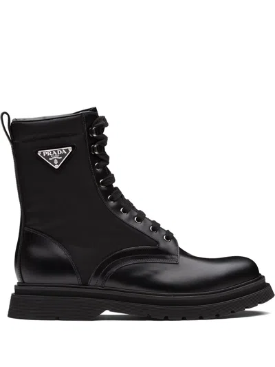 Prada Black Leather Ankle Boot With Logo In Ne F0002