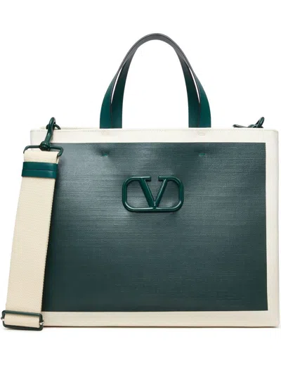 Valentino Vlogo Signature Tote Bag In Naturale,verde College,sabbia
