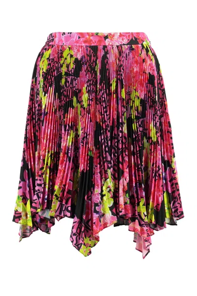 Versace Multicolor Asymmetric Pleated Mini-skirt With Logo Orchid Print In Polyester Woman In Multicolor