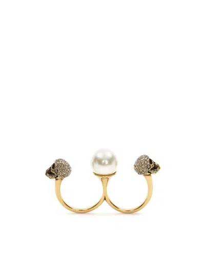 Alexander Mcqueen Gold-tone Double Ring With Crystal Embellished Skulls And Pearl In Brass In Antique Gold - Pearl