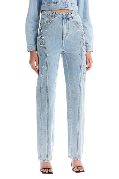 Shop Self-portrait Self Portrait Straight Jeans With Crystals In Blue