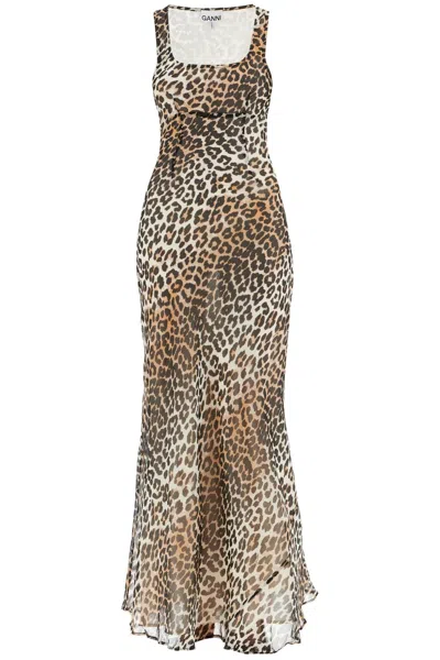 Shop Ganni Maxi Chiffon Animal Print Dress In Beige