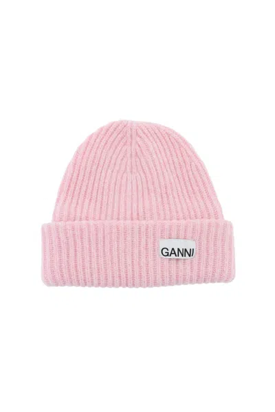 GANNI GANNI BEANIE HAT WITH LOGO PATCH 