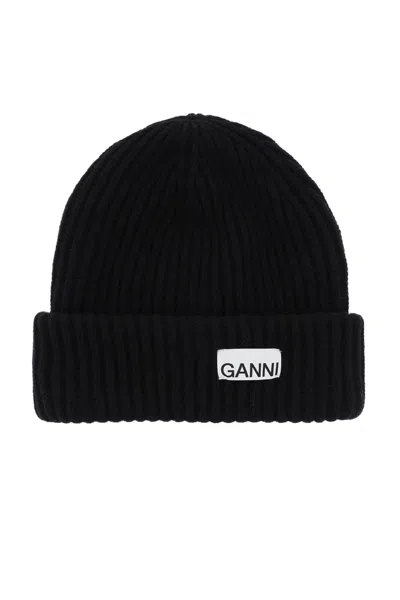 Shop Ganni Beanie Hat With Logo Patch In 黑色的