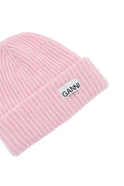 GANNI GANNI BEANIE HAT WITH LOGO PATCH 