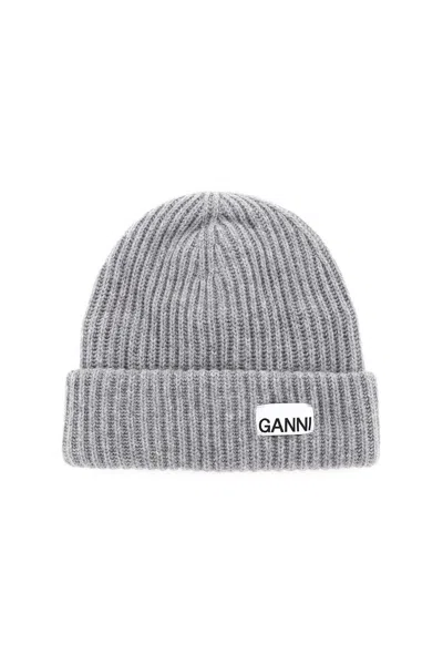 Shop Ganni Beanie Hat With Logo Patch In 灰色的