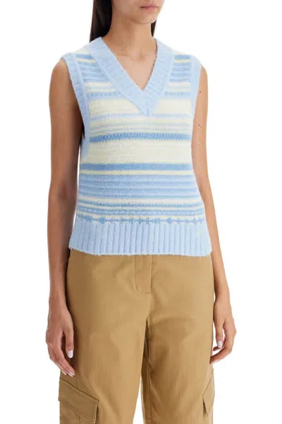 Shop Ganni "soft Striped Knit Vest With A Comfortable In Celeste