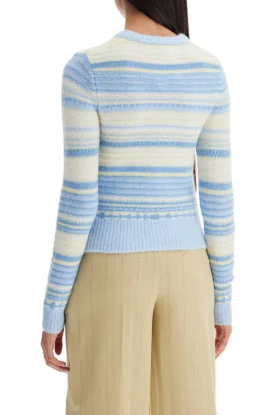 Shop Ganni Soft Striped Cardigan With Fluffy In Celeste