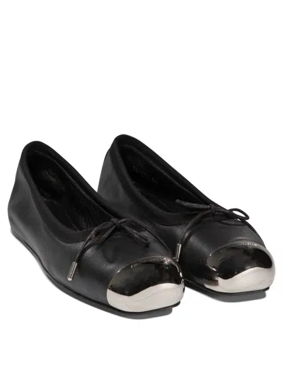Alexander Mcqueen Black Leather And Silver Metal Flats