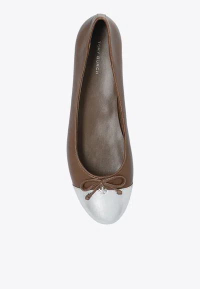 Shop Tory Burch Cap-toe Leather Ballet Flats In Brown