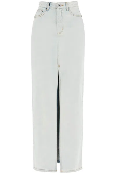 Self-portrait Bleached Effect Denim Maxi Skirt With Frontal Split In Blue