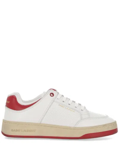 Shop Saint Laurent Red Two Tone Logo Sneakers