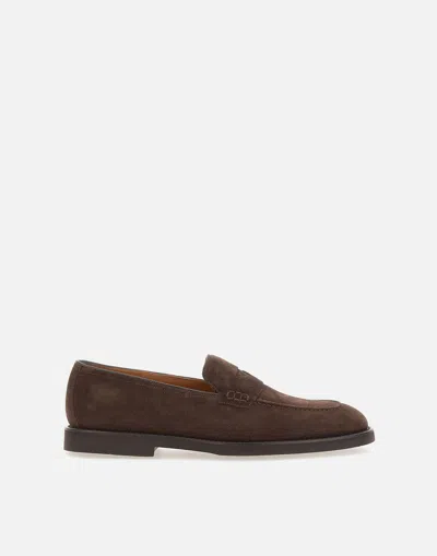 Shop Doucal's Brown Wash Suede Moccasins