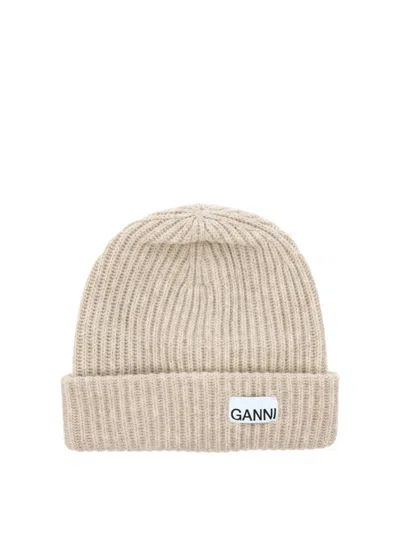 Shop Ganni "oversize" Ribbed Beanie In Beige