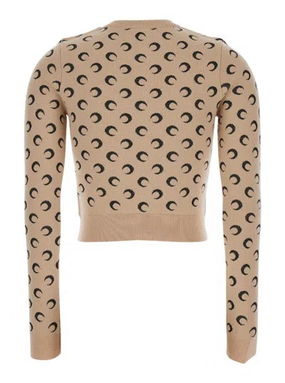 Shop Marine Serre Beige Crop Cardigan With All-over Crescent Moon Jacquard In Wool Woman