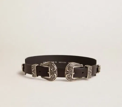 Golden Goose Black Belt In Washed Leather With Silver-colored Double Buckle In Black