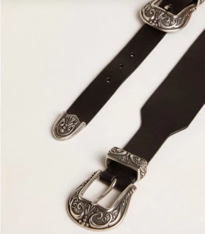 Golden Goose Black Belt In Washed Leather With Silver-colored Double Buckle In Black