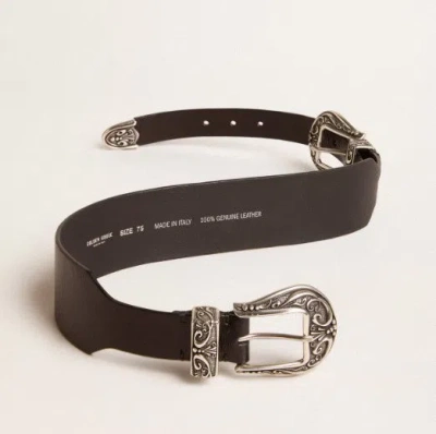 Golden Goose Black Belt In Washed Leather With Silver-colored Double Buckle In Black