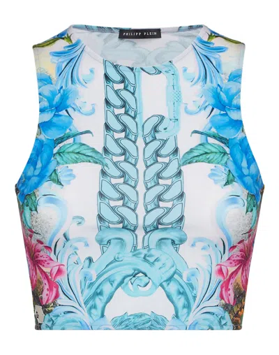 Philipp Plein Hawaii-print Cropped Top In Blue