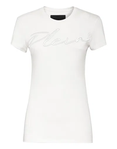Philipp Plein Satin T-shirt Round Neck Ss Embroidery Signature In White