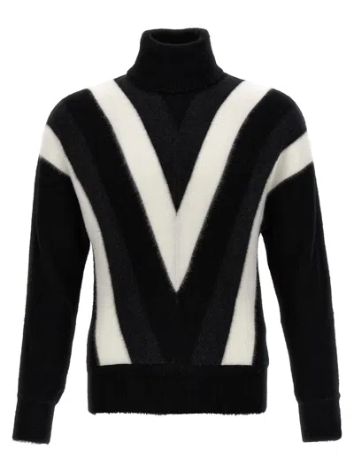 Saint Laurent Turtleneck Geometric Pattern Sweater In White/black