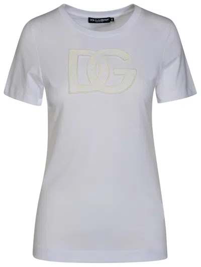 Dolce & Gabbana Dolce&gabbana White Crew Neck T Shirt With Logo Embroidery In Cotton In Neutral
