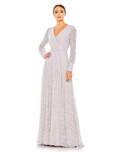 Mac Duggal Beaded Lace Long Sleeve Wrap Over Gown In Purple