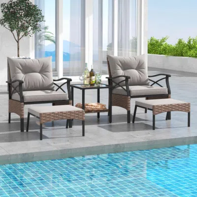 Hivvago 5 Pieces Wicker Patio Furniture Set Ottomans And Cushions And 2-tier Tempered Glass Side Table-brown