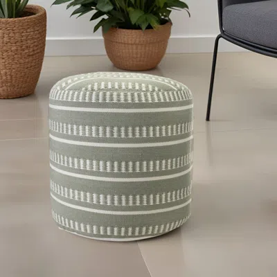 Homezia 20" Green Polyester Round Striped Indoor Outdoor Pouf Ottoman