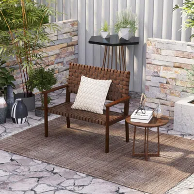 Hivvago Outdoor All Weather Bench With Solid Rubber Wood Frame And Hand Woven Pu Leather-brown